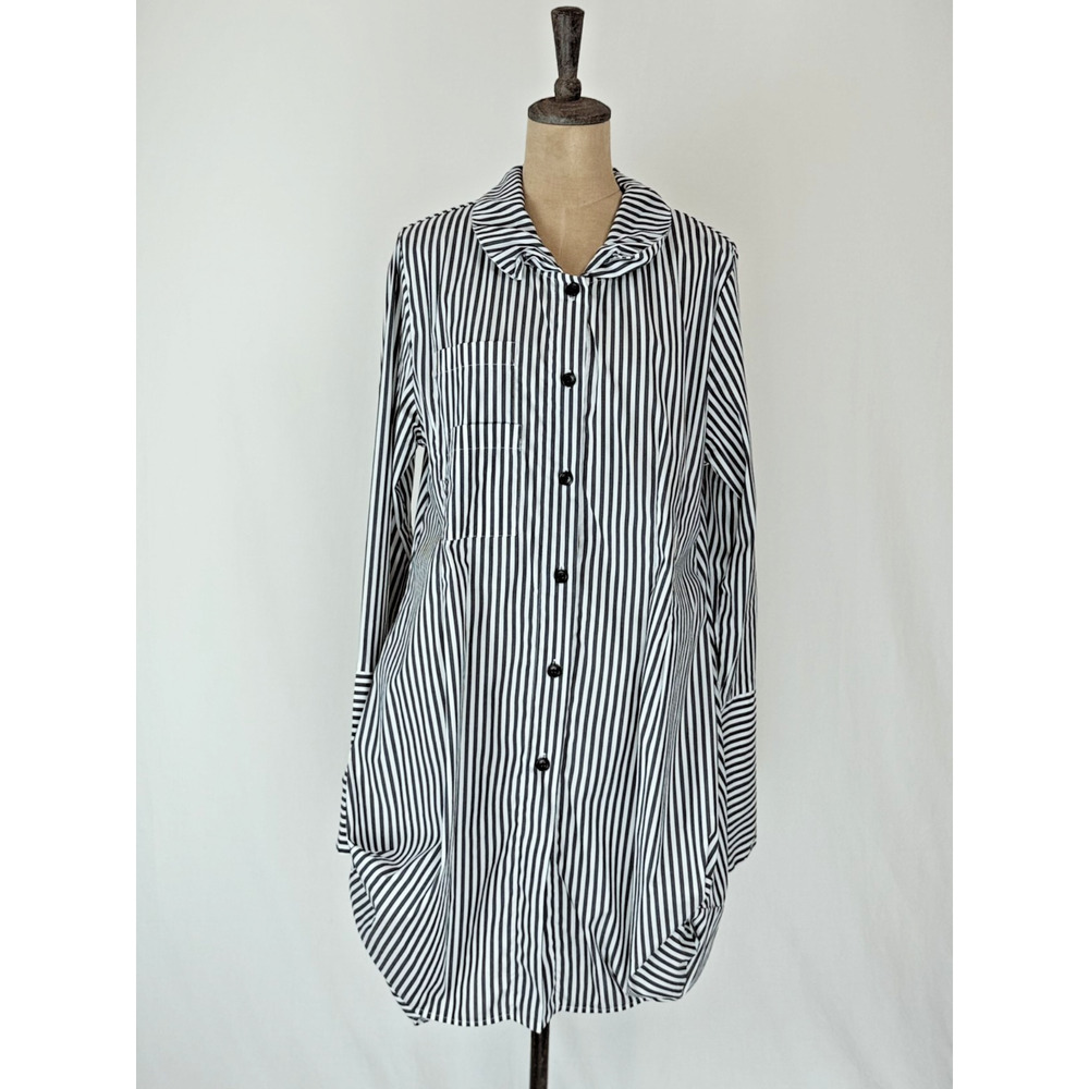 COMFY USA XL Black White Striped Super Fun Long Button Down Tunic Top XL #0067